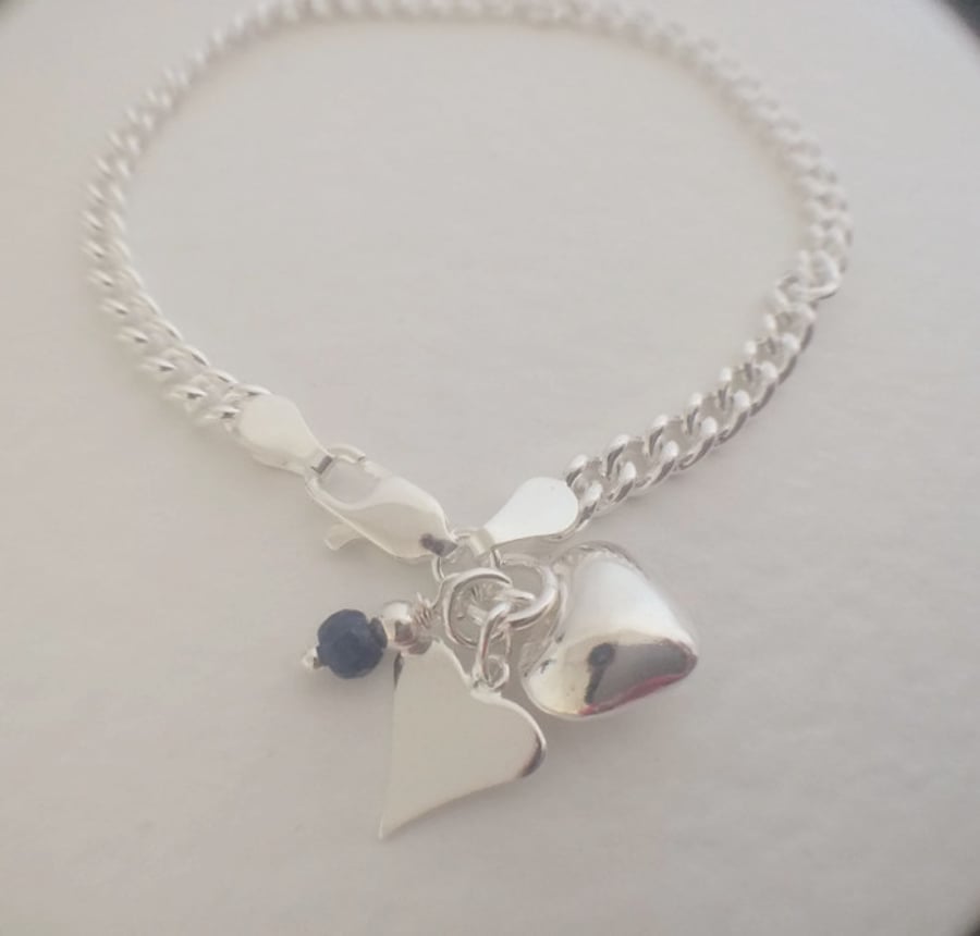 Sterling Silver Blue Sapphire Hearts Charm Bracelet Personalised Birthstone