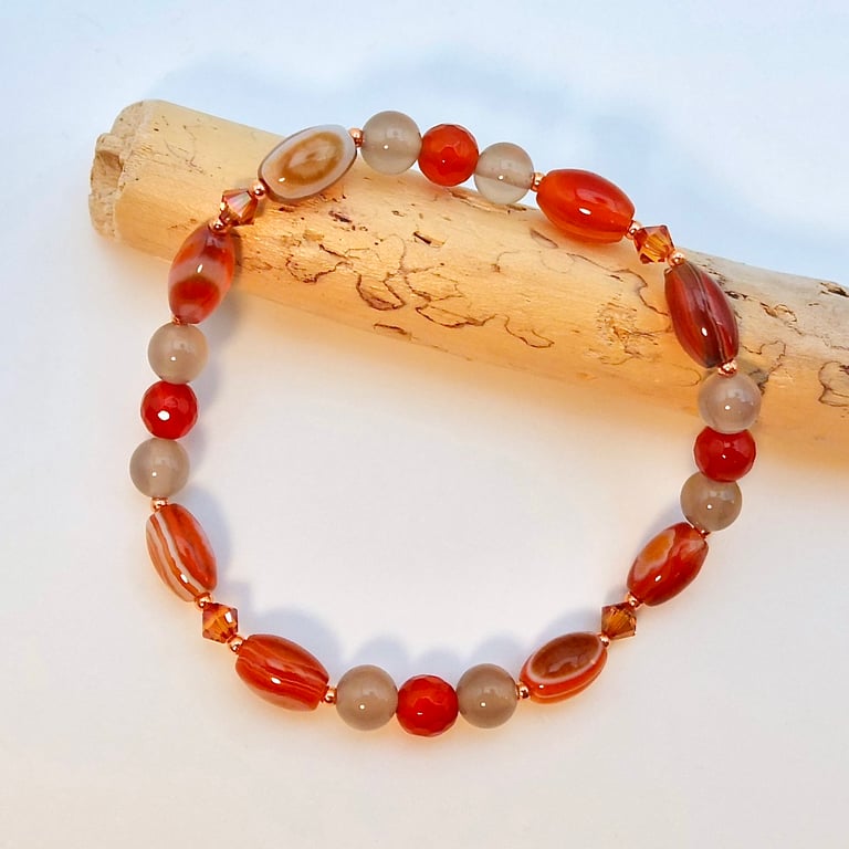 Agate & Carnelian Bracelet, Swarovski Crystals, Gemstone Jewellery Gift For Her