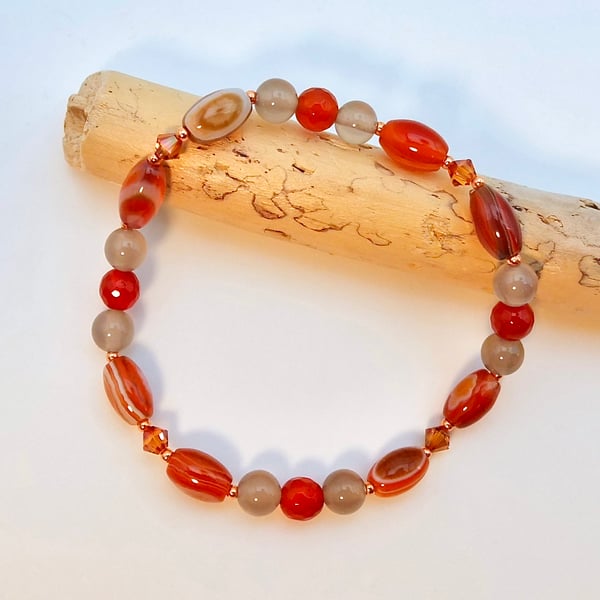Agate & Carnelian Bracelet, Swarovski Crystals, Gemstone Jewellery Gift For Her