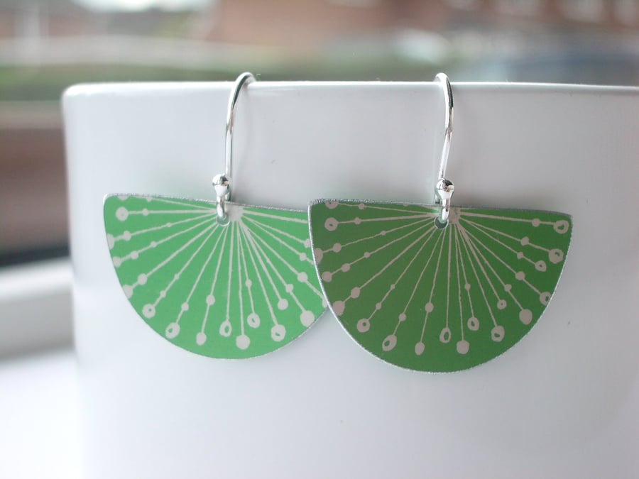Green fan earrings with allium seed head print