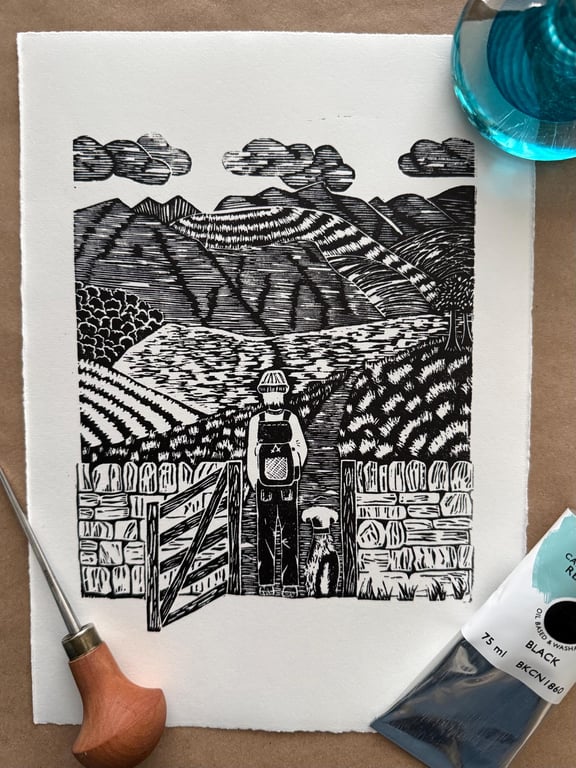 To The Fells - original hand burnished lino print