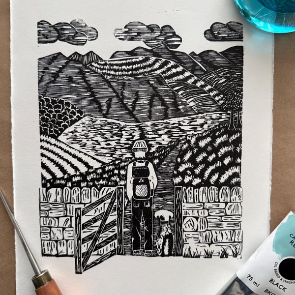 To The Fells - original hand burnished lino print