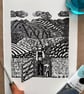 To The Fells - original hand burnished lino print