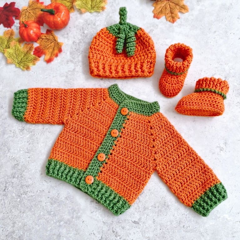 Newborn Crochet Pumpkin Baby Cardigan, Hat & Bootie Set 
