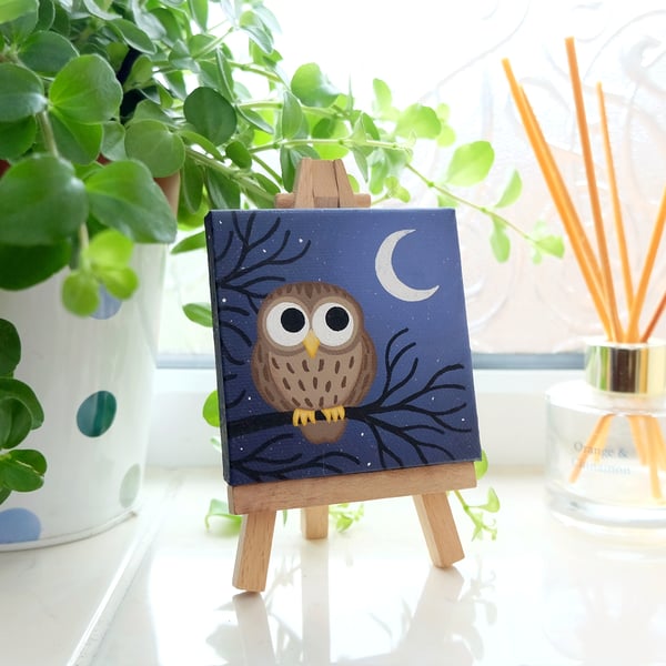 Little Owl Original Art - night scene on miniature canvas