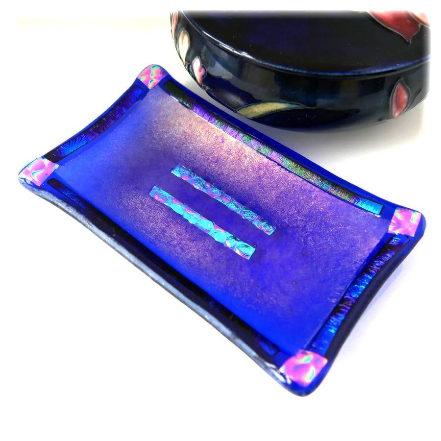Soap Dish Fused Glass Blue dichroic Trinket 022 Handmade