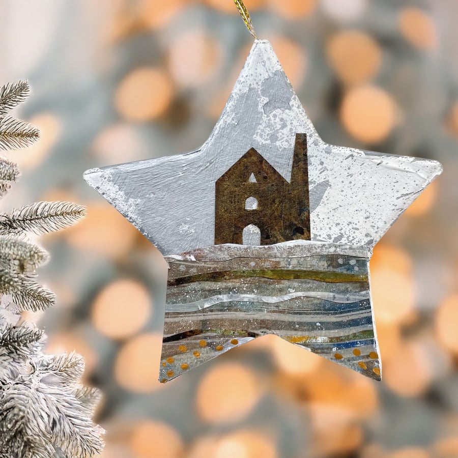 Cornish Hand Painted Tin Mine Star Christmas Tree Decoration