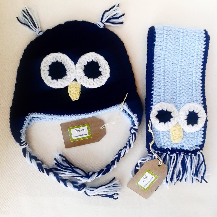 Boy's blue owl hat and scarf gift set, photo prop, gifts for children