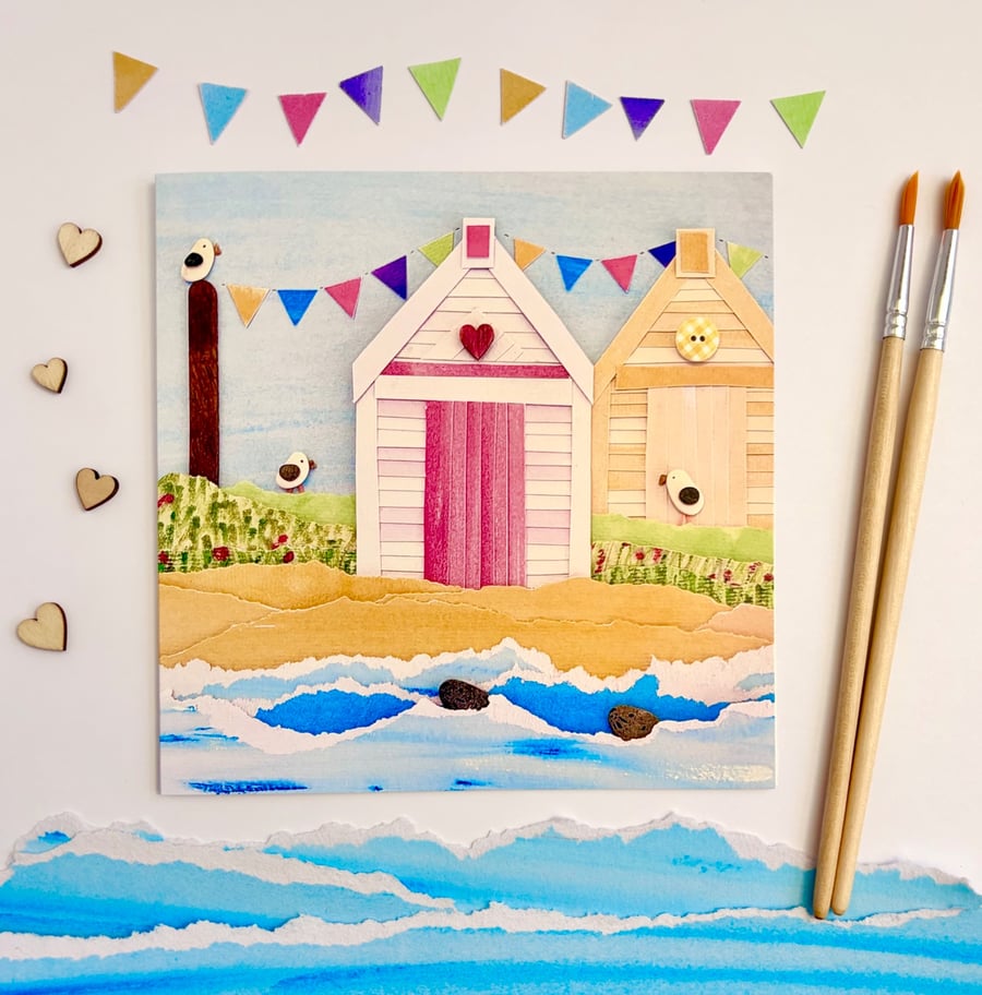 Beach Huts - printed greetings card
