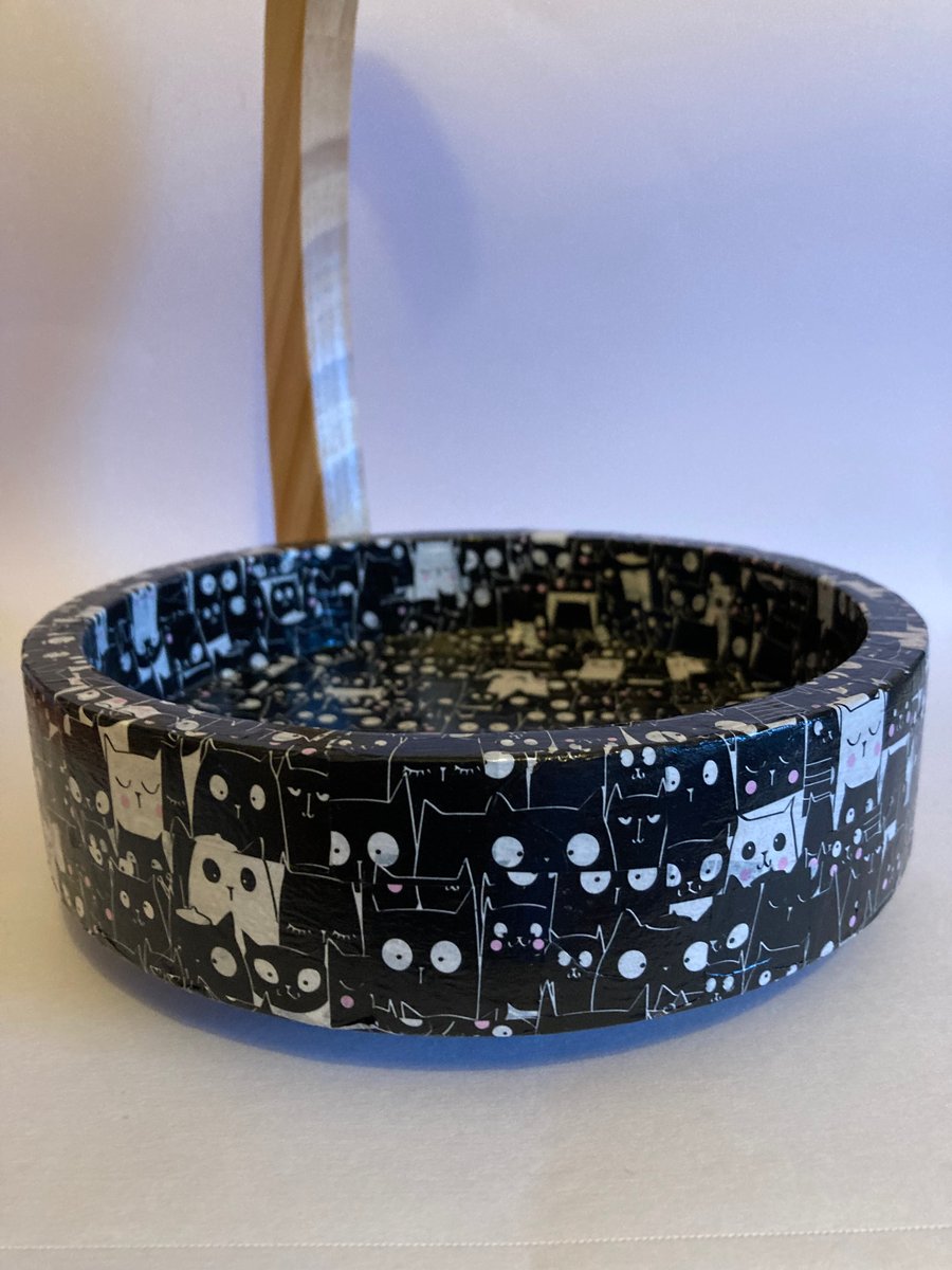 Up cycled decorative cat faces wooden bowl