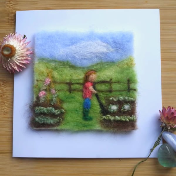 Handmade needle felted On the allotment greetings card