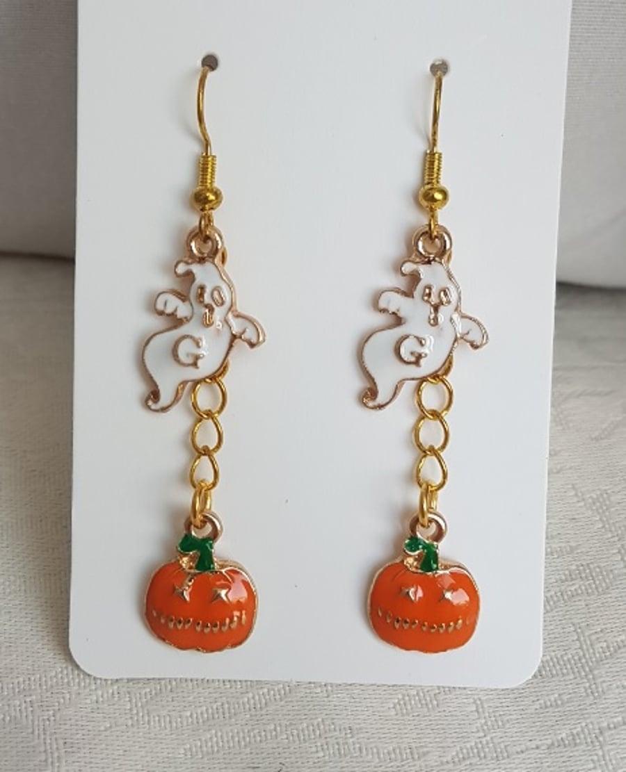 SALE - Cute Ghost And Pumpkin Dangle Earrings - Gold Tones