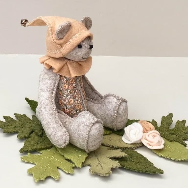 Artist Teddy Bear on leaves, one of a kind Elf bear, embroidered keepsake bear