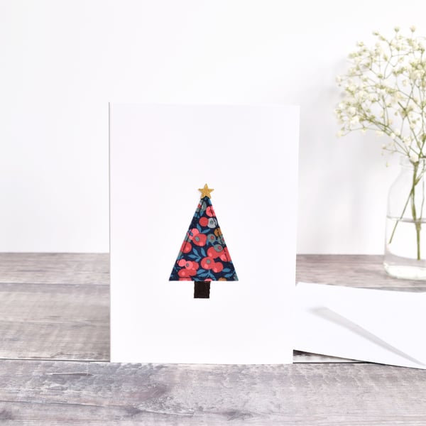 Liberty fabric tree Christmas card, sewn Christmas tree card