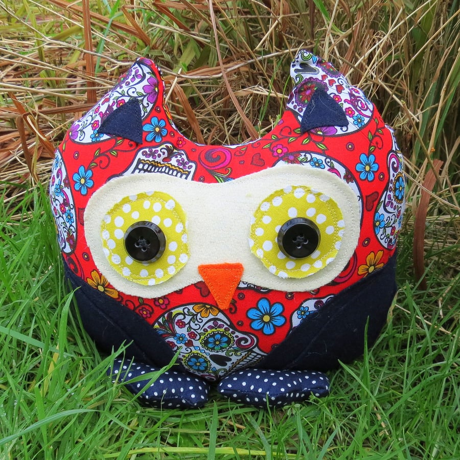 Owl doorstop.  Sale!  Made from a vibrant Sugar Skulls cotton. Half price!