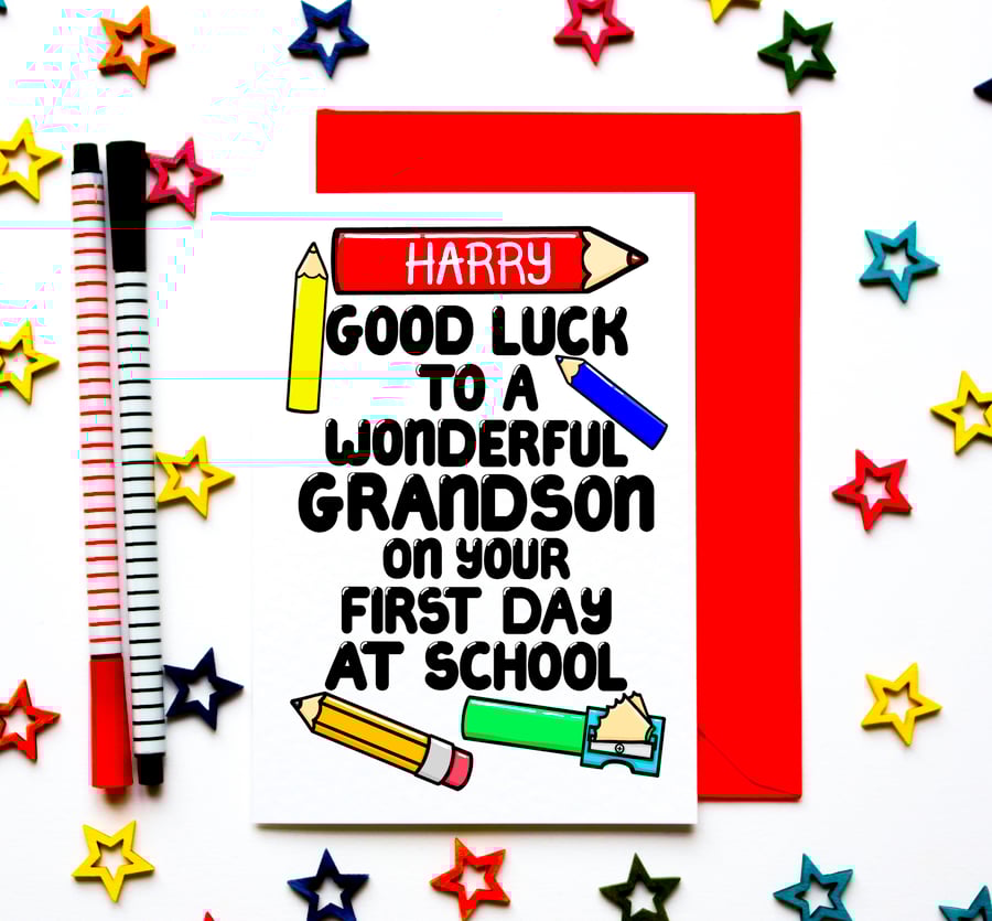 Personalised Custom Good Luck Back To School Card For Grandson, New Class