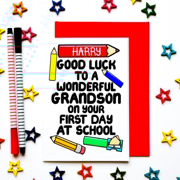 Personalised Custom Good Luck Back To School Card For Grandson, New Class