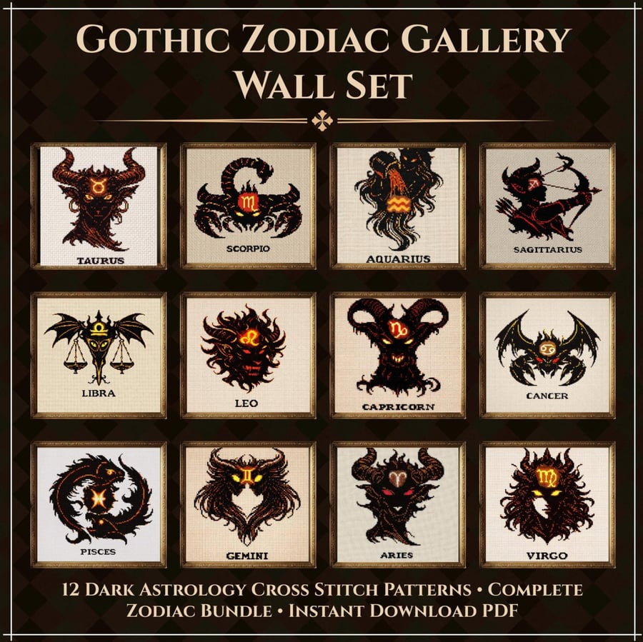 Zodiac Cross Stitch Bundle PDF, Gothic Astrology Patterns Set, All 12 Signs