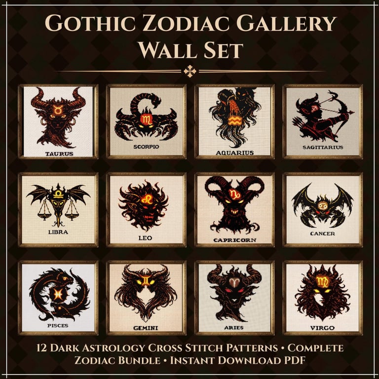 Zodiac Cross Stitch Bundle PDF, Gothic Astrology Patterns Set, All 12 Signs