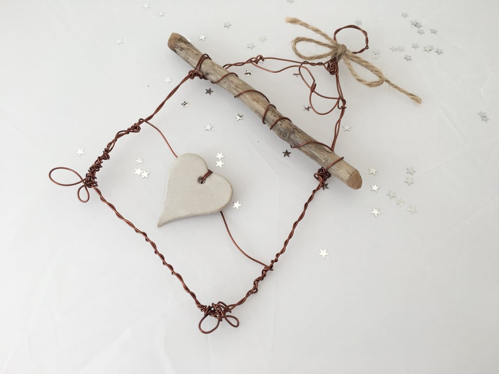 Wire art sculpture, pottery, driftwood and wire art, home decor