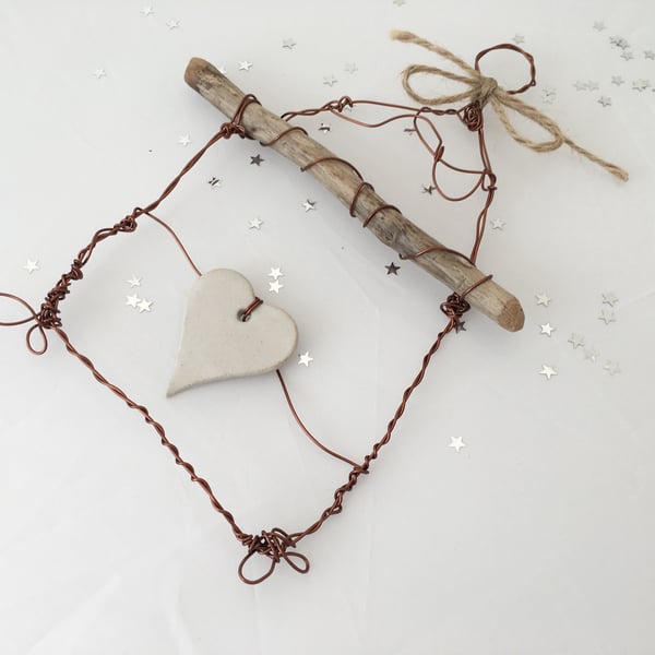 Wire art sculpture, pottery, driftwood and wire art, home decor