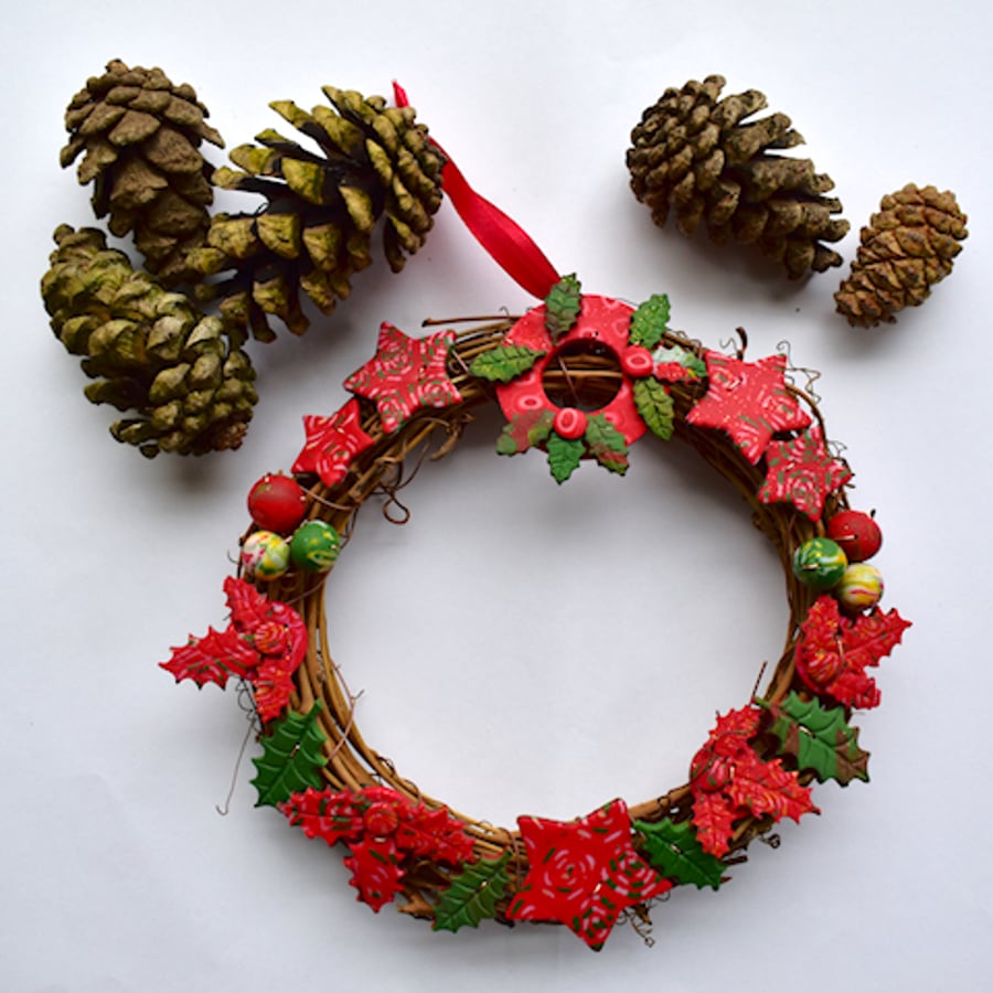 Christmas Wreath Festive Polymer Clay Holly, Stars & Baubles on Rattan - 15cm