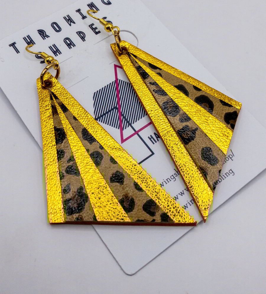 Art Deco inspired Triangle leather earrings, metallic sunshine yellow and leopar
