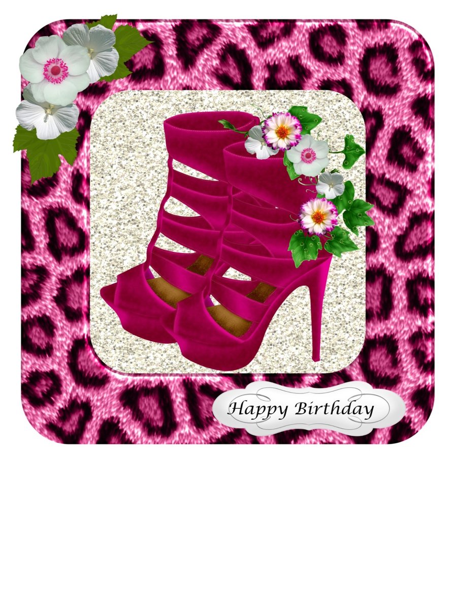 Pink strappy boots in fur frame Birthday Card 3D
