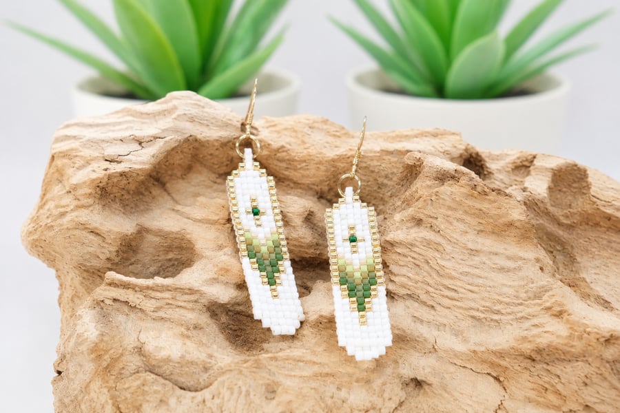 Handmade Green, White & Gold Native American Style Beaded Earrings
