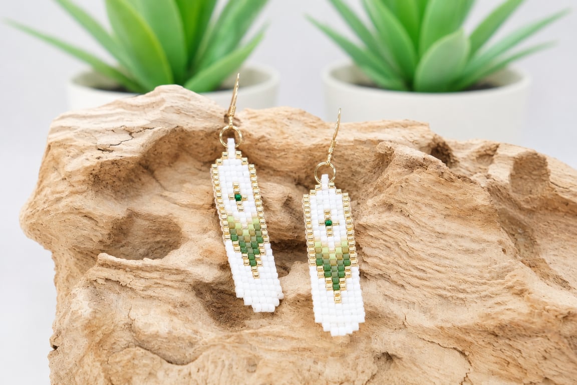 Handmade Green, White & Gold Native American Style Beaded Earrings