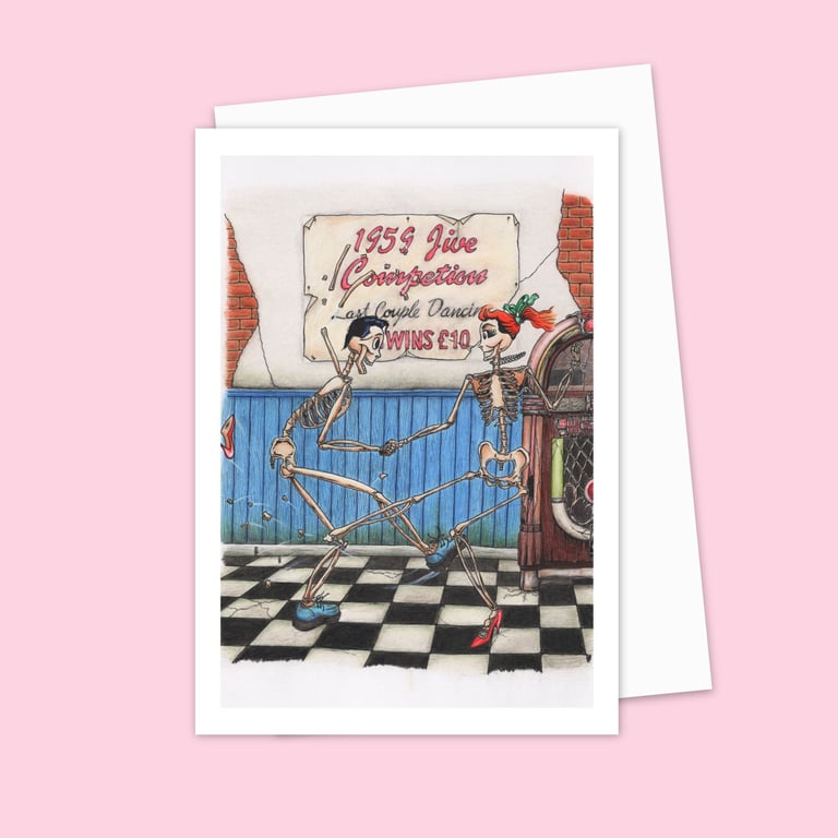 Dancing Skeletons Greeting Card:  Fun Cartoon Art for Any Occasion (504)