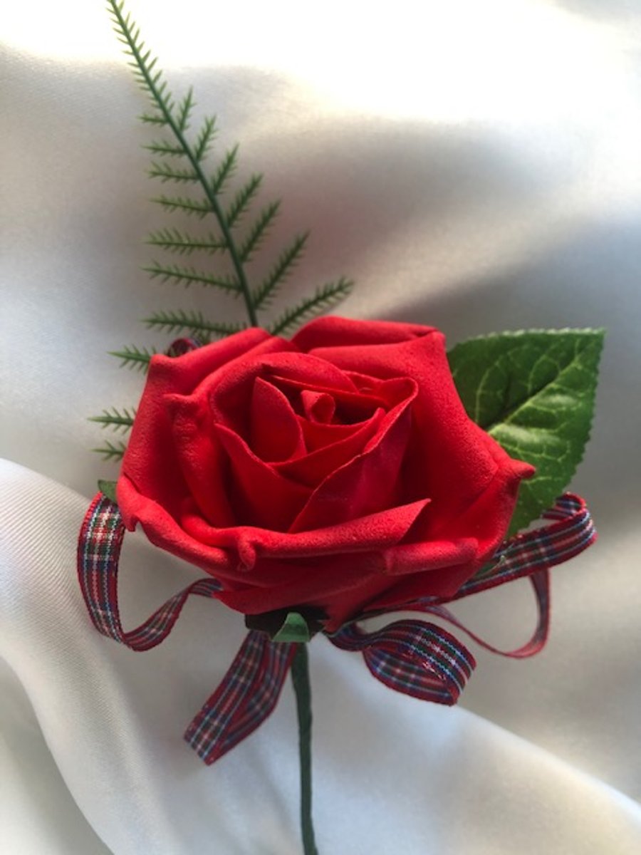 Scottish Highland Red Rose Wedding Boutonniere Butttonhole - Choice of Tartan!!