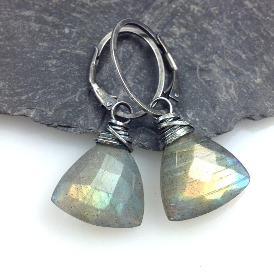 Silver and labradorite trillion earrings