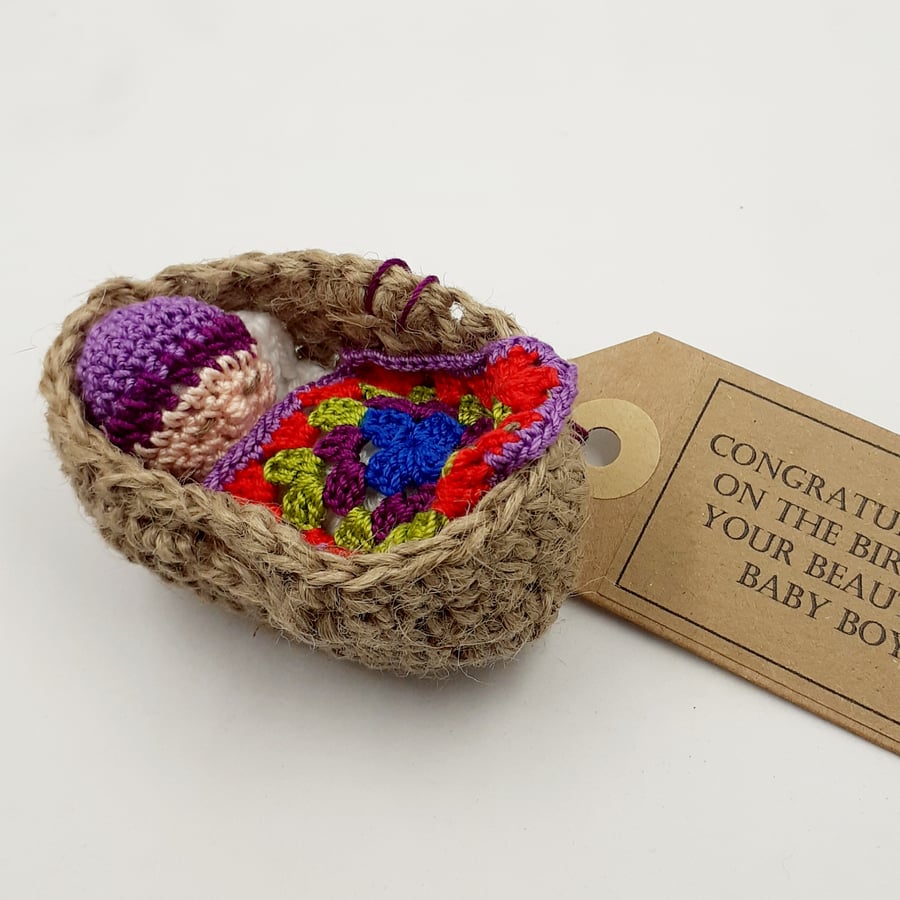 Crochet Baby in Jute Moses Basket 