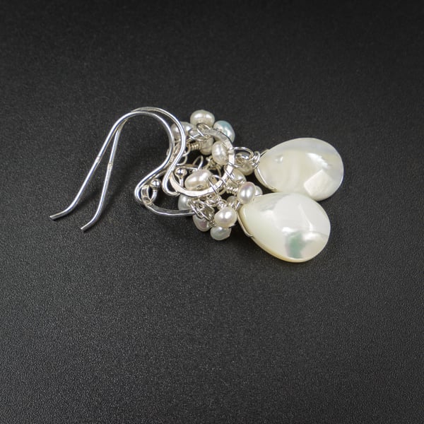 Freshwater pearl and mother-of-pearl teardrop cluster earrings, pearl jewelry 