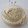 Hand Embroidered Pin Cushion, Mustard and Grey Unique Hand Sewn Pincushion
