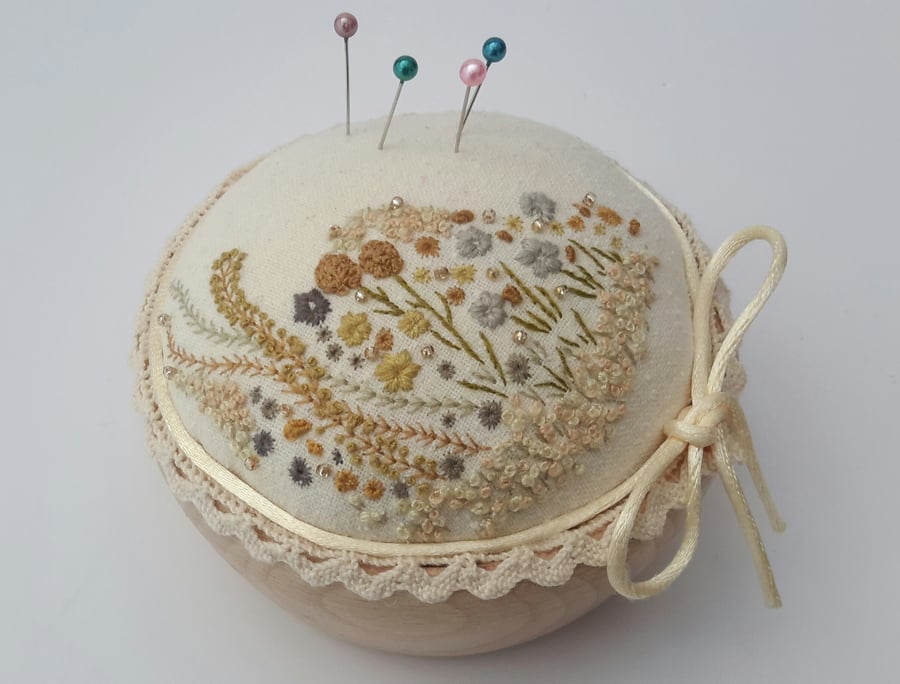 Hand Embroidered Pin Cushion, Mustard and Grey Unique Hand Sewn Pincushion