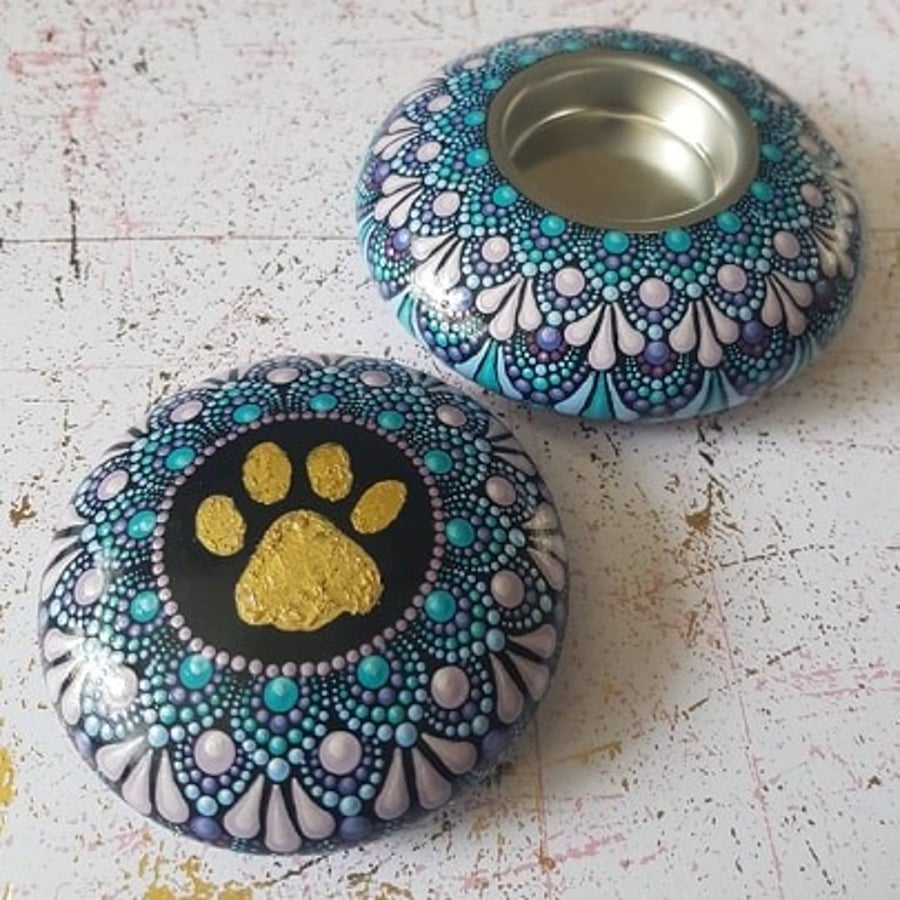 Tealight Holder and Decorative Mandala stone set - Paw Print