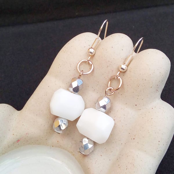 White Hexagonal Glass Bead and Faceted Silver Bead Earrings, White Earrings