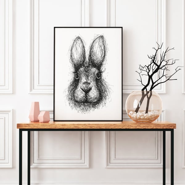 Rabbit Wall Art Print, Hare Art, Black And White Print, Bunny Wall Art, Woodland