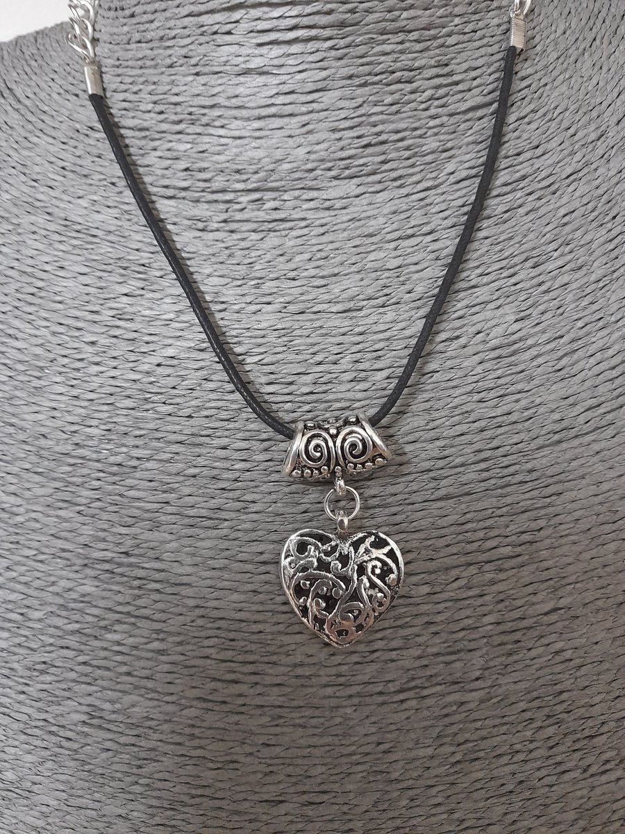 Antique Silver Heart and Black Waxed Cord Pendant.