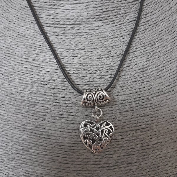 Antique Silver Heart and Black Waxed Cord Pendant.