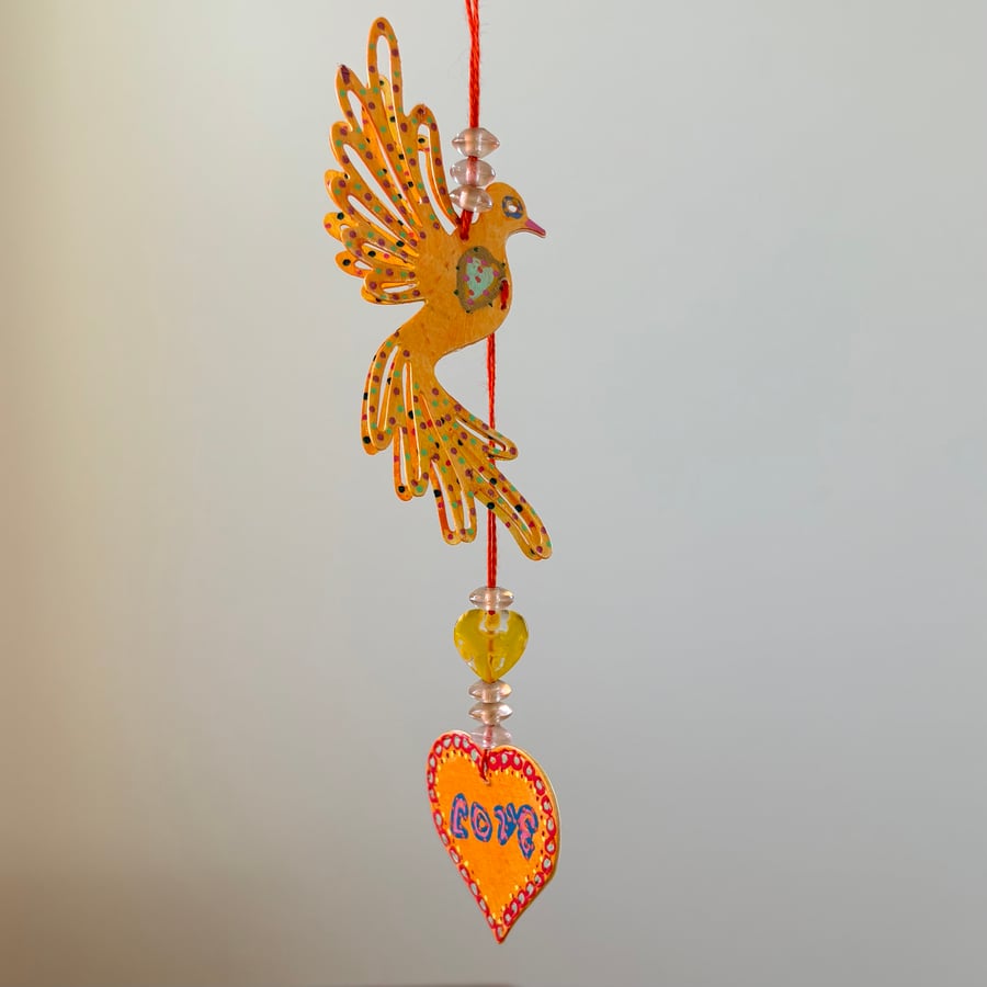 Hand Painted Hanging Decoration Love Token - ‘Love Bird - Orange’