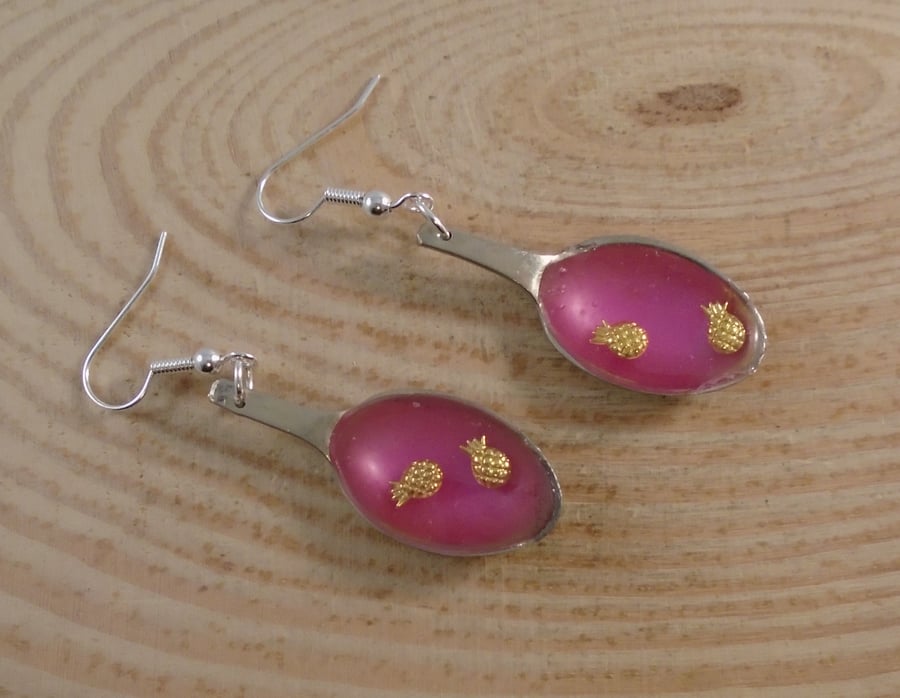 Upcycled Silver Plated Pink Pineapple Sugar Tong Spoon Earrings SPE111901