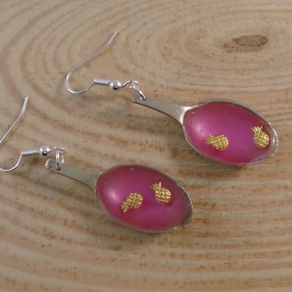 Upcycled Silver Plated Pink Pineapple Sugar Tong Spoon Earrings SPE111901