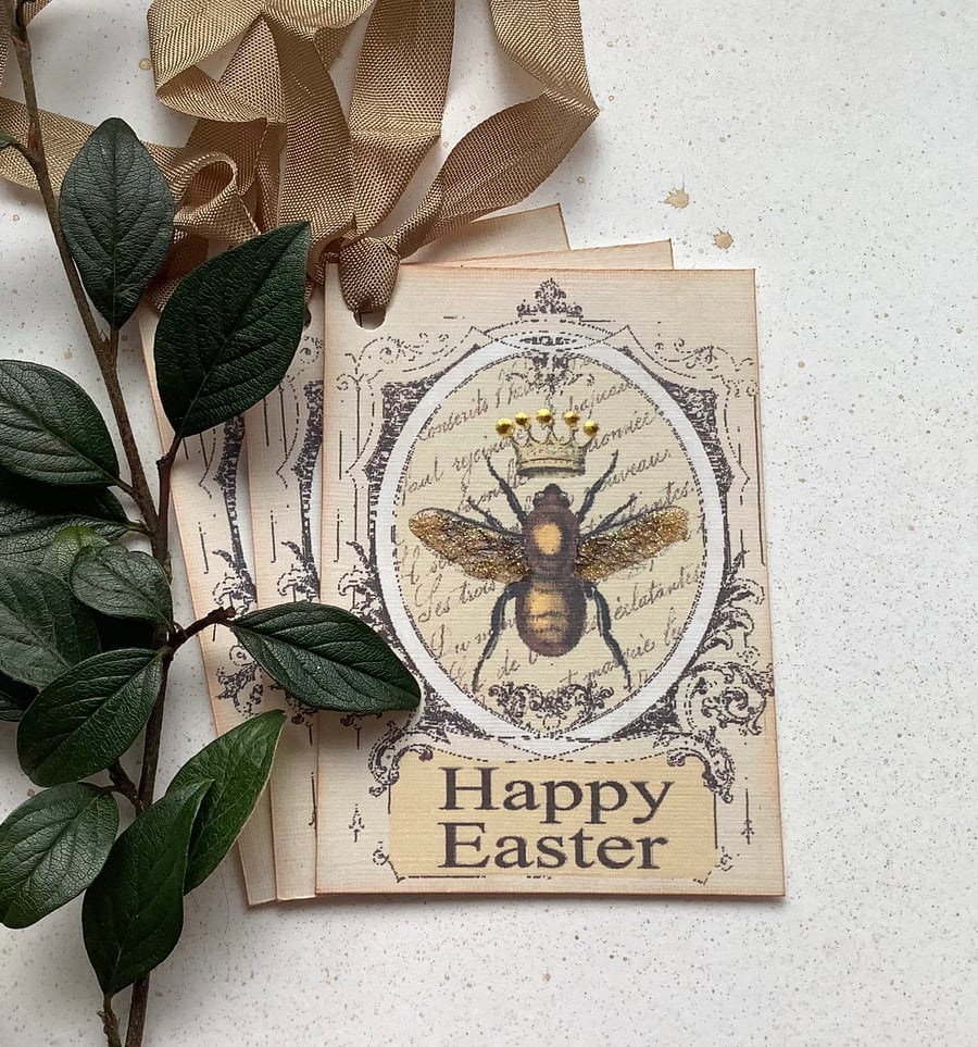 GIFT TAGS. EASTER. Vintage-style , Queen Bee ( set of 3) Brown . gold. 