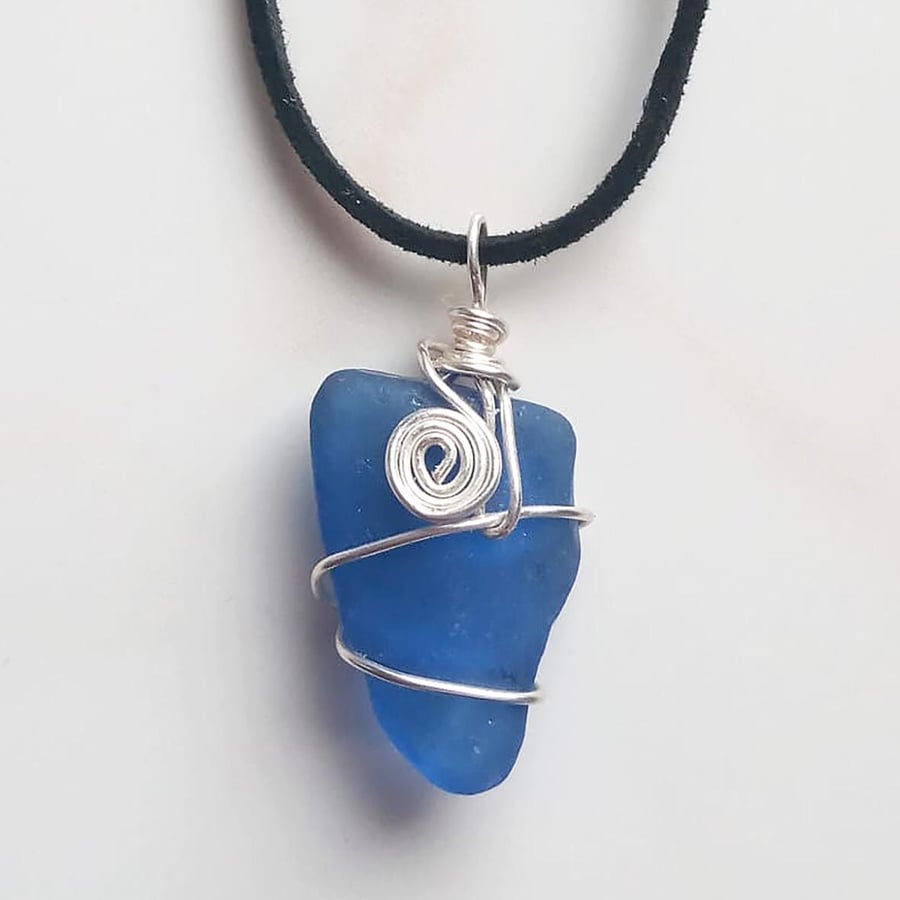 Vibrant Blue Seaglass Necklace  -  REDUCED
