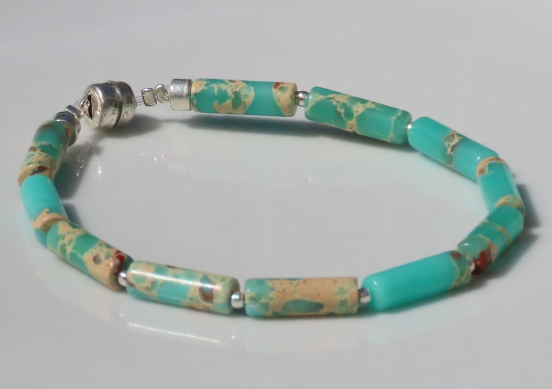 Bracelet Imperial Jasper Semi precious stone Light green & Cream Silver magnet