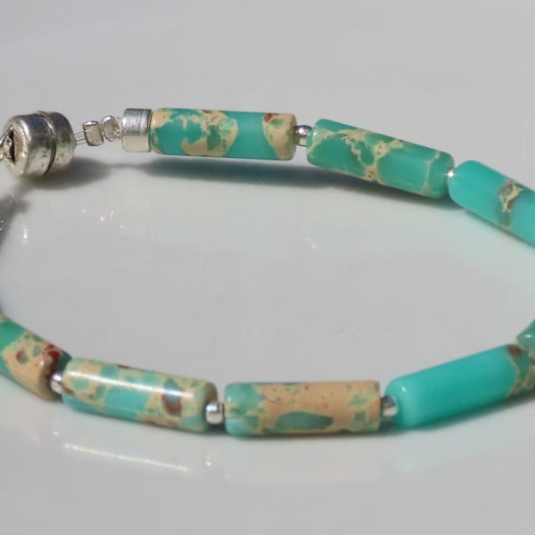 Bracelet Imperial Jasper Semi precious stone Light green & Cream Silver magnet