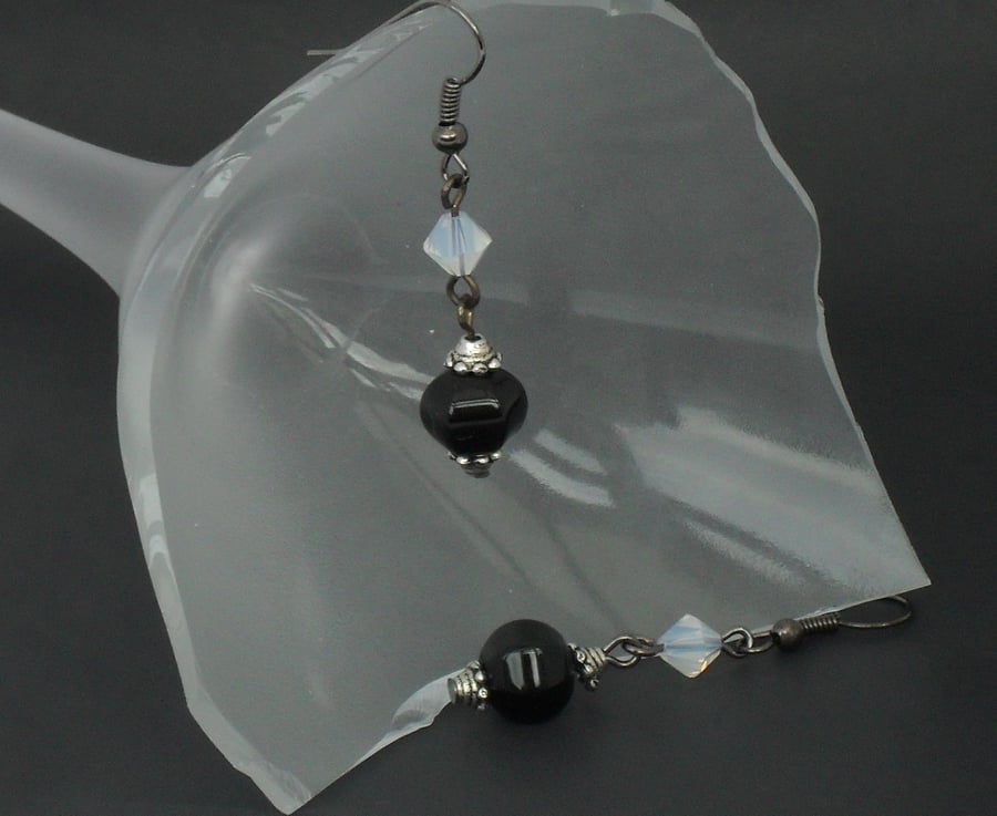 SALE: Black & white monochrome earrings - onyx with crystal by Swarovski® 